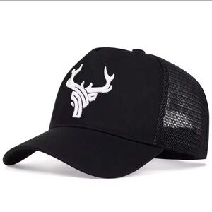 Black and White Trucker Hat with Deer Skull Design